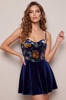 Load image into Gallery viewer, Floral Navy Velvet Corset A Line Mini Cocktail Dress