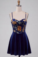 Load image into Gallery viewer, Floral Navy Velvet Corset A Line Mini Cocktail Dress