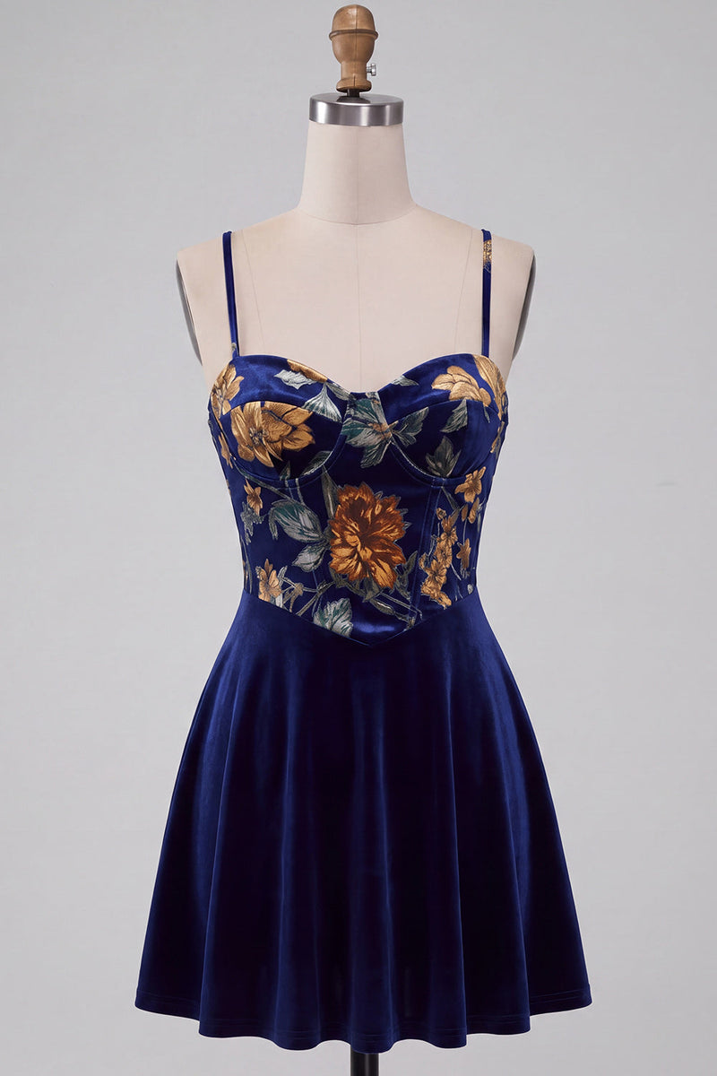 Load image into Gallery viewer, Floral Navy Velvet Corset A Line Mini Cocktail Dress