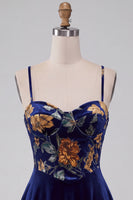 Load image into Gallery viewer, Floral Navy Velvet Corset A Line Mini Cocktail Dress