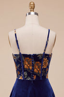Load image into Gallery viewer, Floral Navy Velvet Corset A Line Mini Cocktail Dress