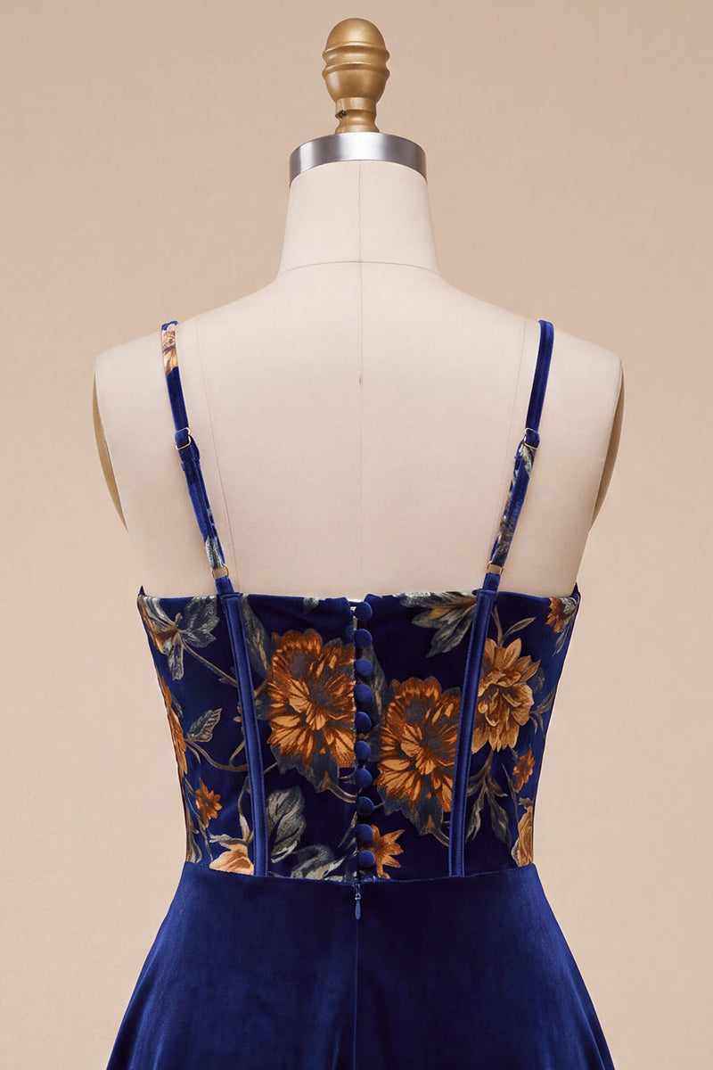 Load image into Gallery viewer, Floral Navy Velvet Corset A Line Mini Cocktail Dress