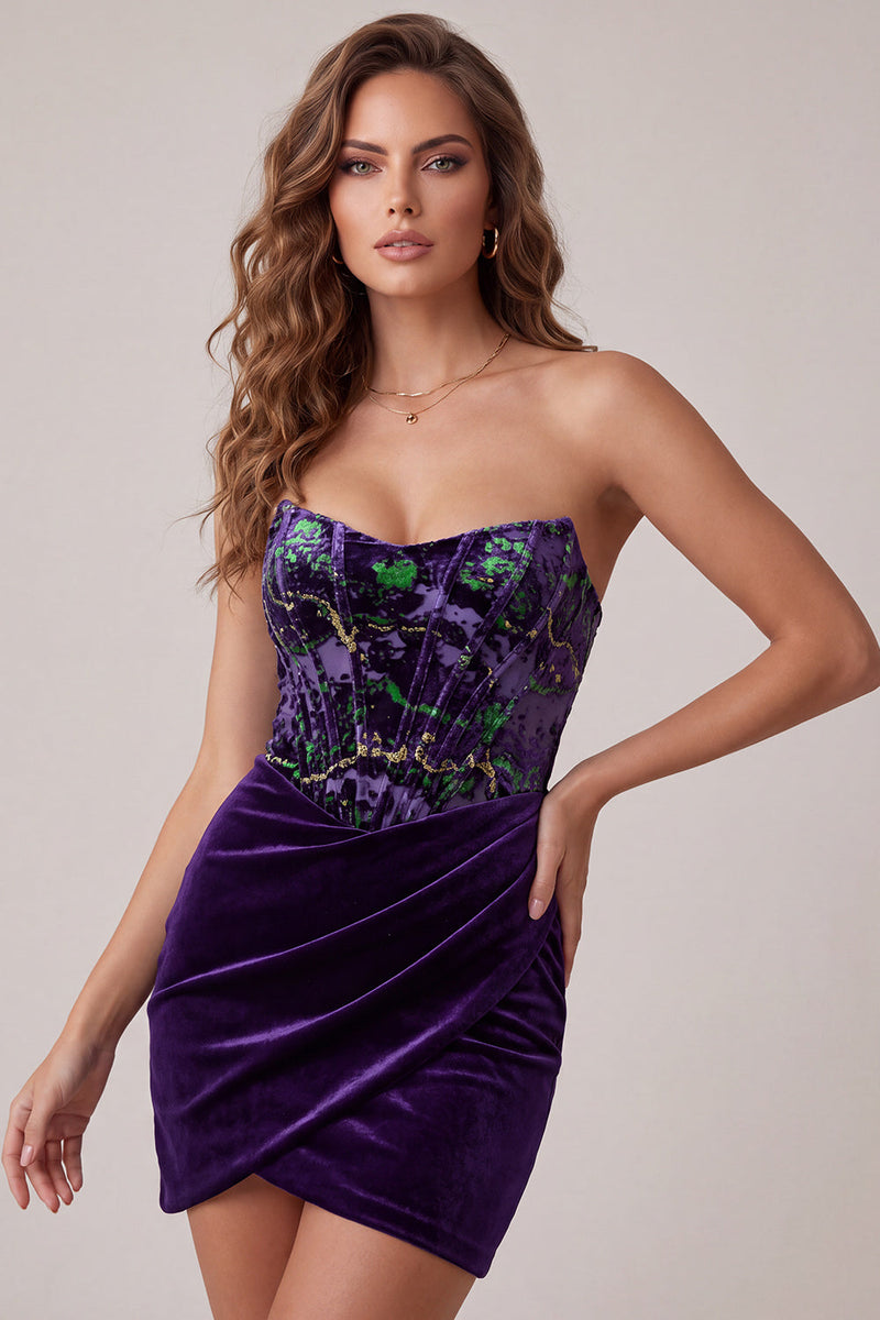 Load image into Gallery viewer, Plum Floral Velvet Tight Corset Strapless Short Cocktail Dress