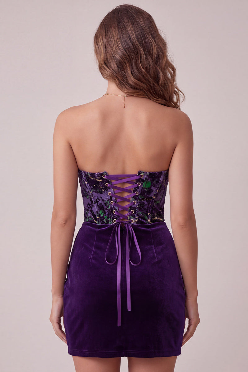 Load image into Gallery viewer, Plum Floral Velvet Tight Corset Strapless Short Cocktail Dress