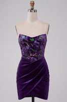 Load image into Gallery viewer, Plum Floral Velvet Tight Corset Strapless Short Cocktail Dress