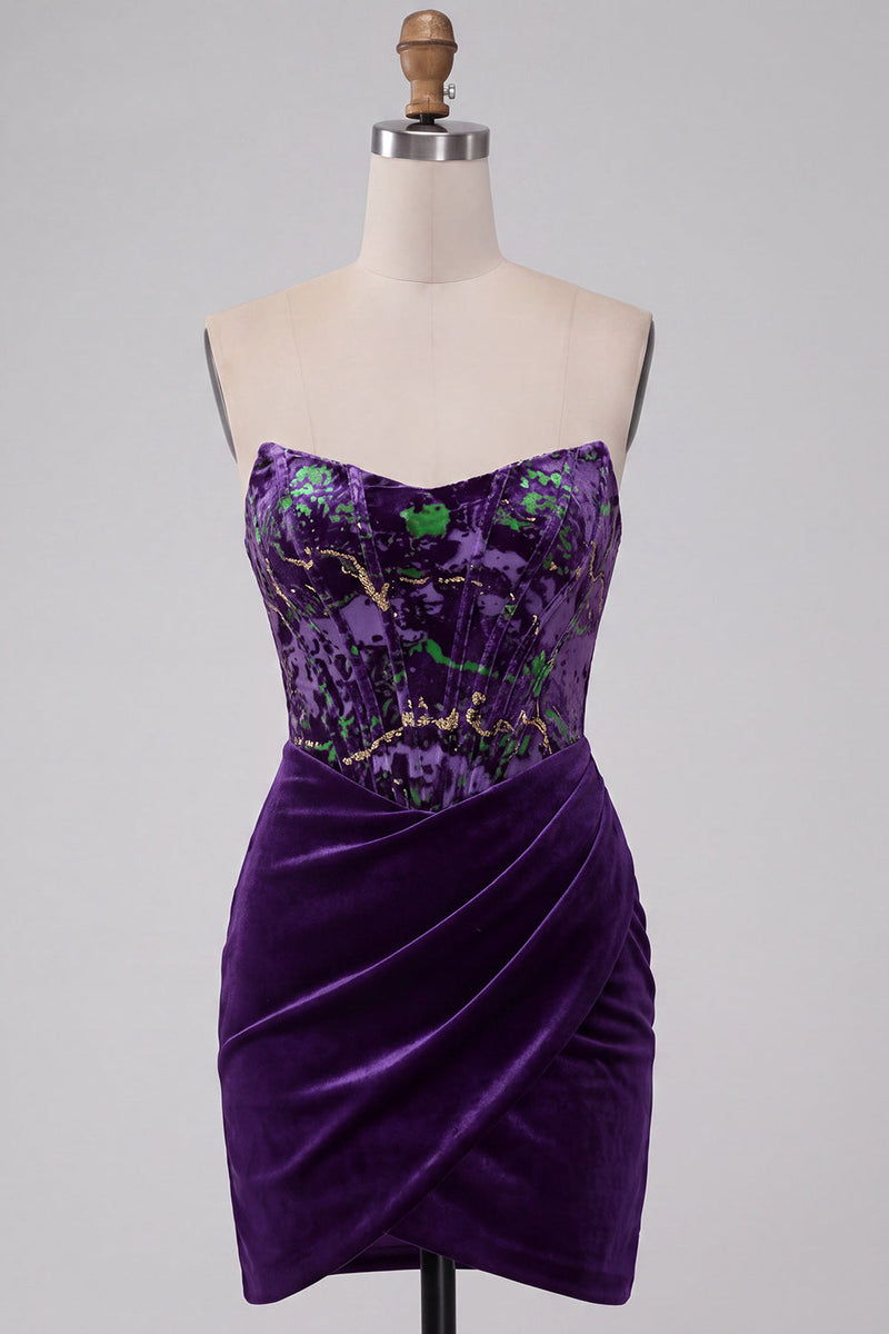 Load image into Gallery viewer, Plum Floral Velvet Tight Corset Strapless Short Cocktail Dress