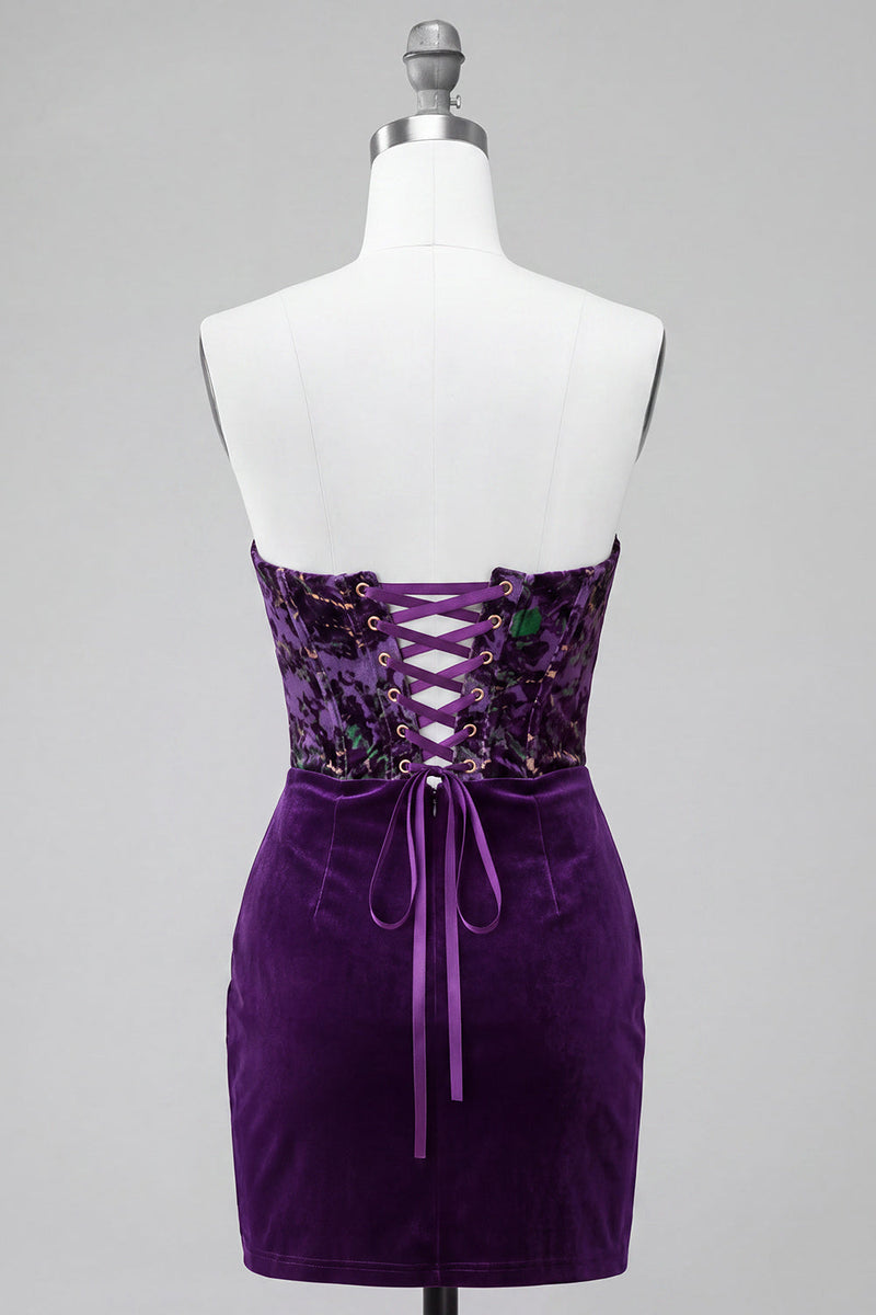 Load image into Gallery viewer, Plum Floral Velvet Tight Corset Strapless Short Cocktail Dress