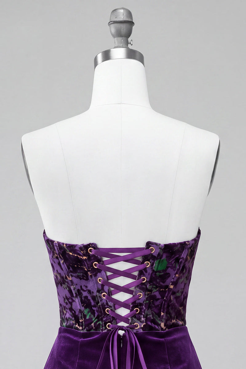 Load image into Gallery viewer, Plum Floral Velvet Tight Corset Strapless Short Cocktail Dress