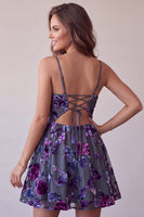Load image into Gallery viewer, Floral Plum A Line Spaghetti Straps Mini Cocktail Dress with Keyhole