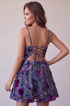 Floral Plum A Line Spaghetti Straps Mini Cocktail Dress with Keyhole