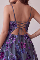 Load image into Gallery viewer, Floral Plum A Line Spaghetti Straps Mini Cocktail Dress with Keyhole
