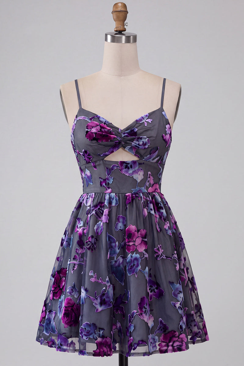 Load image into Gallery viewer, Floral Plum A Line Spaghetti Straps Mini Cocktail Dress with Keyhole