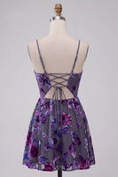 Load image into Gallery viewer, Floral Plum A Line Spaghetti Straps Mini Cocktail Dress with Keyhole