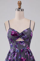 Load image into Gallery viewer, Floral Plum A Line Spaghetti Straps Mini Cocktail Dress with Keyhole