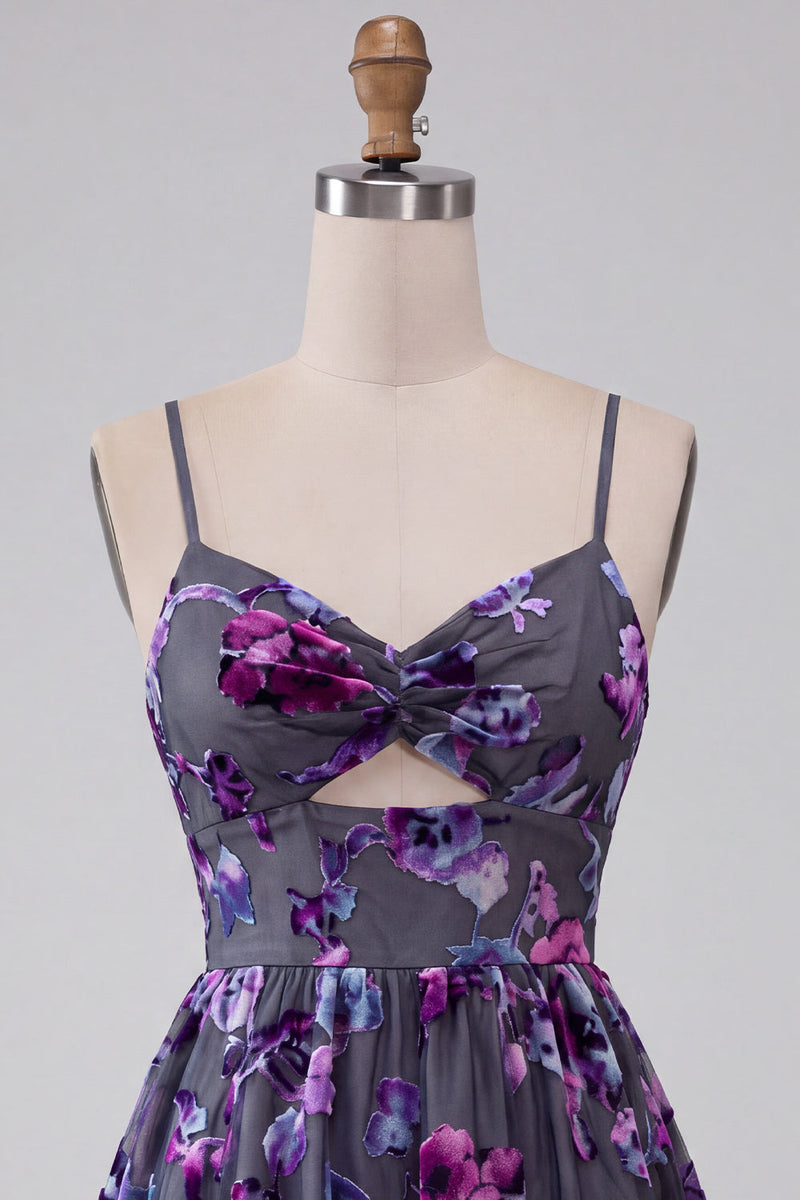 Load image into Gallery viewer, Floral Plum A Line Spaghetti Straps Mini Cocktail Dress with Keyhole