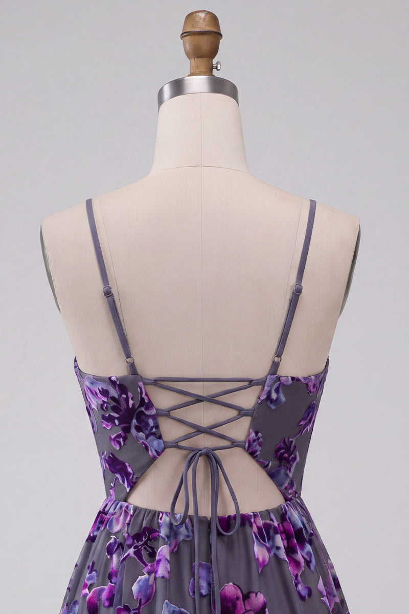 Load image into Gallery viewer, Floral Plum A Line Spaghetti Straps Mini Cocktail Dress with Keyhole