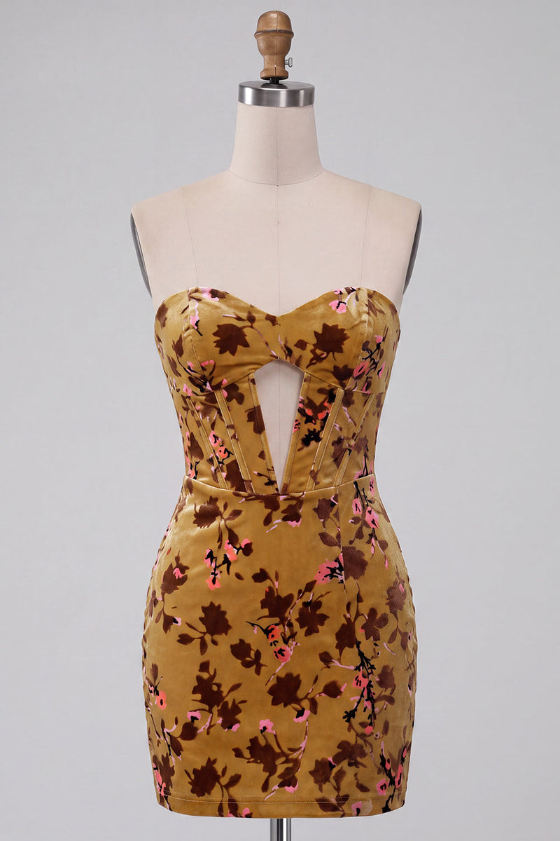 Load image into Gallery viewer, Ginger Yellow Sweetheart Floral Corset Velvet Tight Short Cocktail Dress