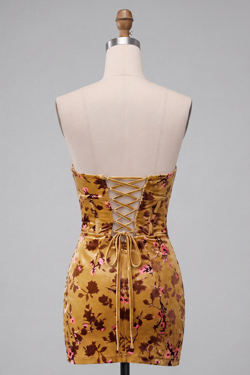 Load image into Gallery viewer, Ginger Yellow Sweetheart Floral Corset Velvet Tight Short Cocktail Dress