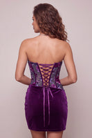 Load image into Gallery viewer, Plum Floral Strapless Corset Tight Mini Cocktail Dress