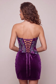 Plum Floral Strapless Corset Tight Mini Cocktail Dress