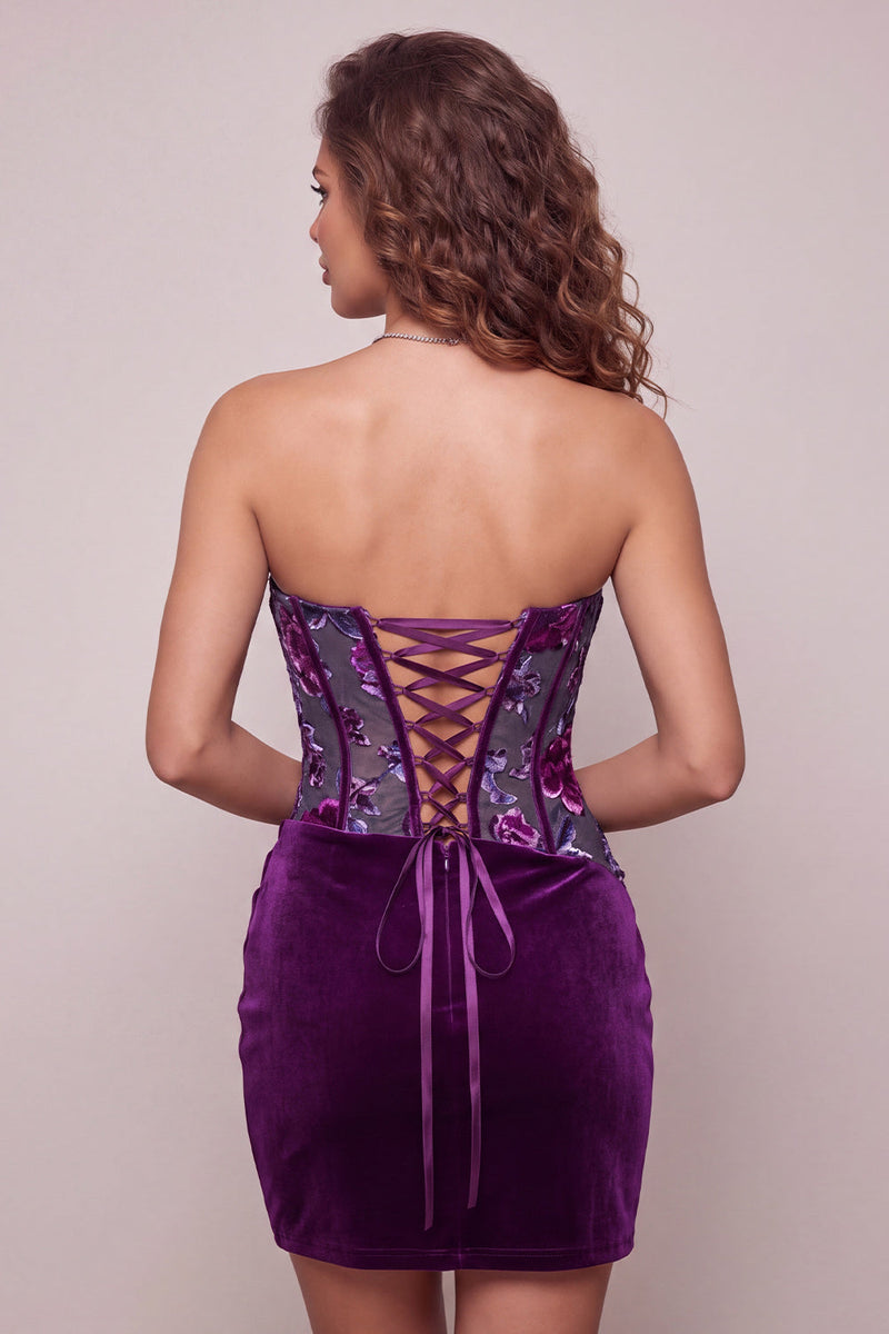 Load image into Gallery viewer, Plum Floral Strapless Corset Tight Mini Cocktail Dress