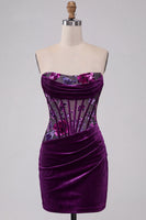 Load image into Gallery viewer, Plum Floral Strapless Corset Tight Mini Cocktail Dress