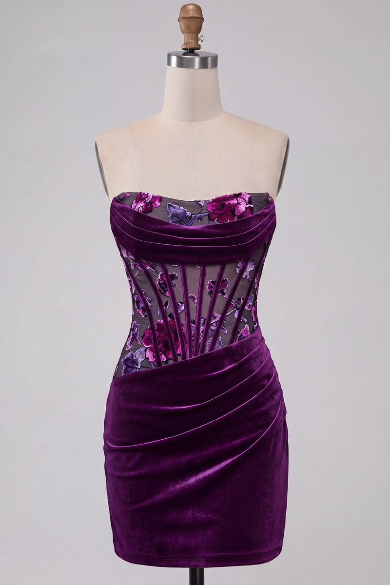 Load image into Gallery viewer, Plum Floral Strapless Corset Tight Mini Cocktail Dress