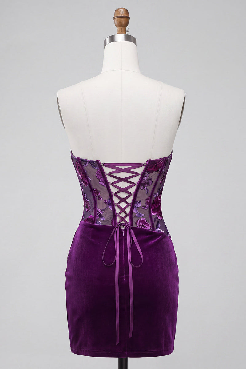 Load image into Gallery viewer, Plum Floral Strapless Corset Tight Mini Cocktail Dress