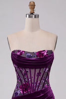 Load image into Gallery viewer, Plum Floral Strapless Corset Tight Mini Cocktail Dress