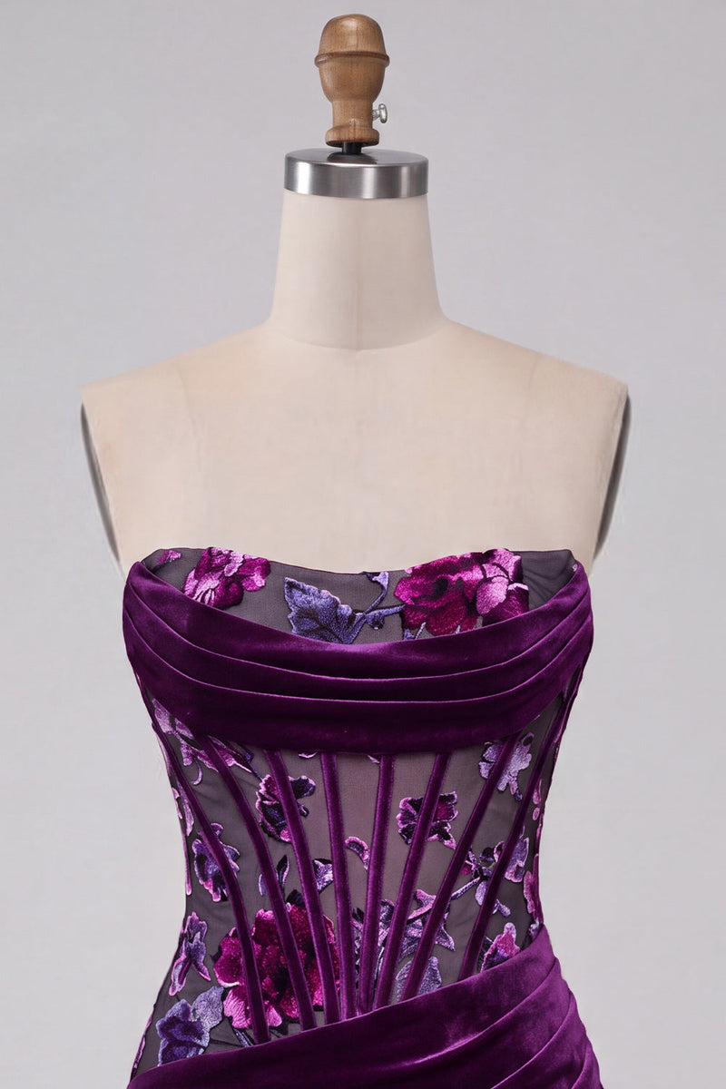 Load image into Gallery viewer, Plum Floral Strapless Corset Tight Mini Cocktail Dress