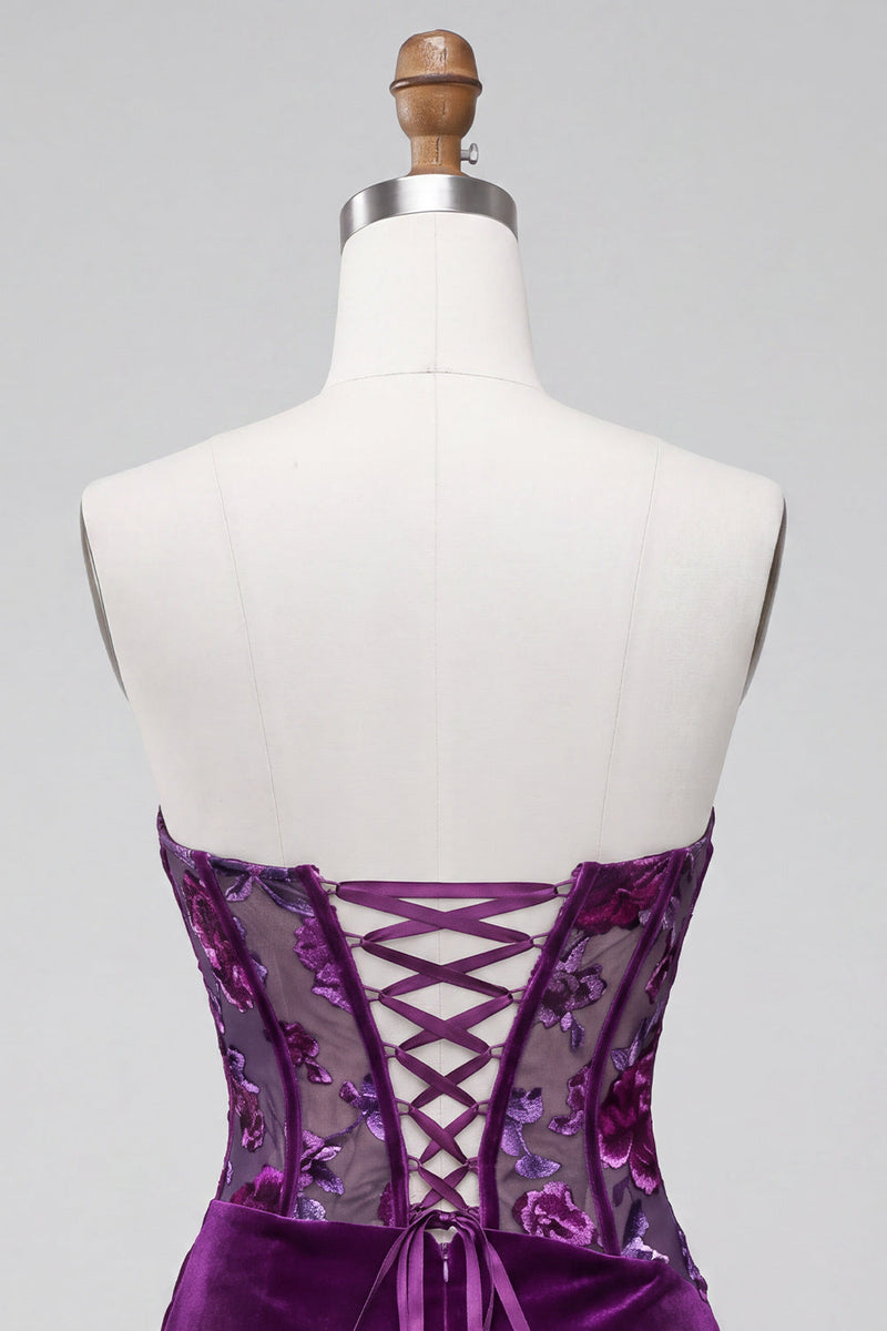 Load image into Gallery viewer, Plum Floral Strapless Corset Tight Mini Cocktail Dress