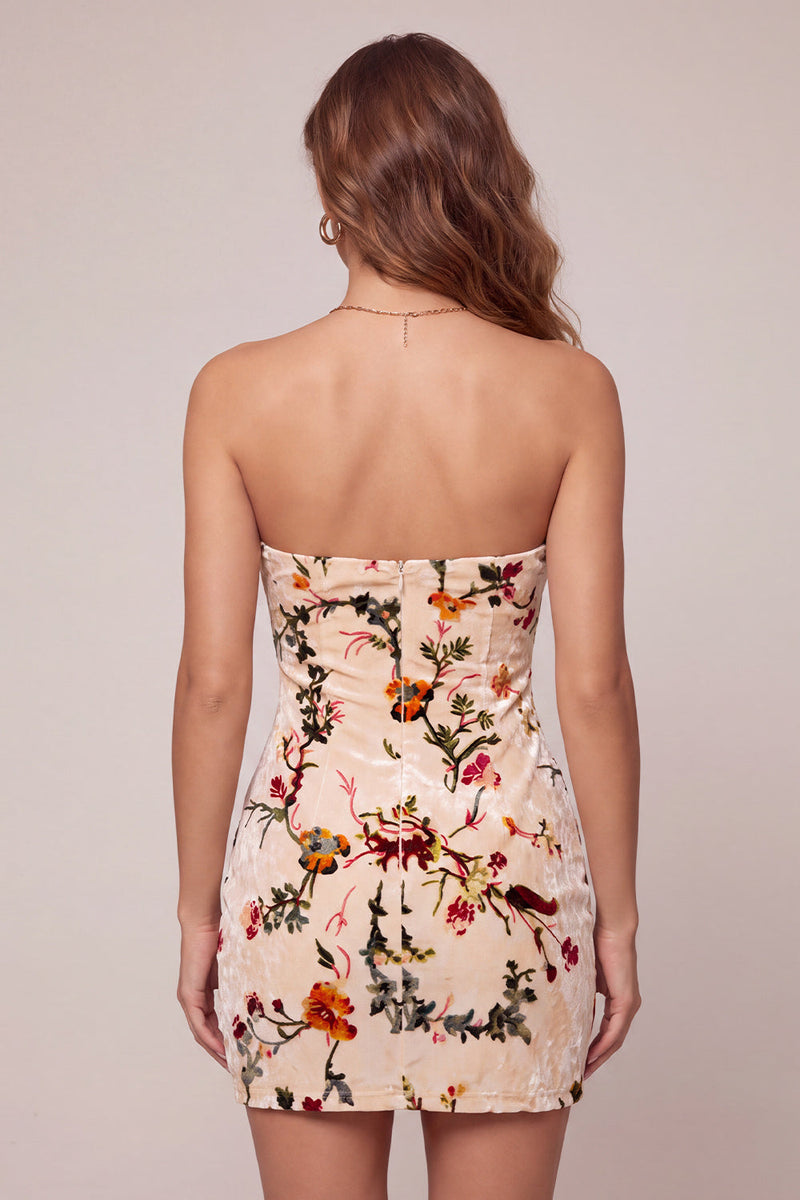 Load image into Gallery viewer, Floral Champagne Tight Velvet Short Cocktail Dress with Keyhole