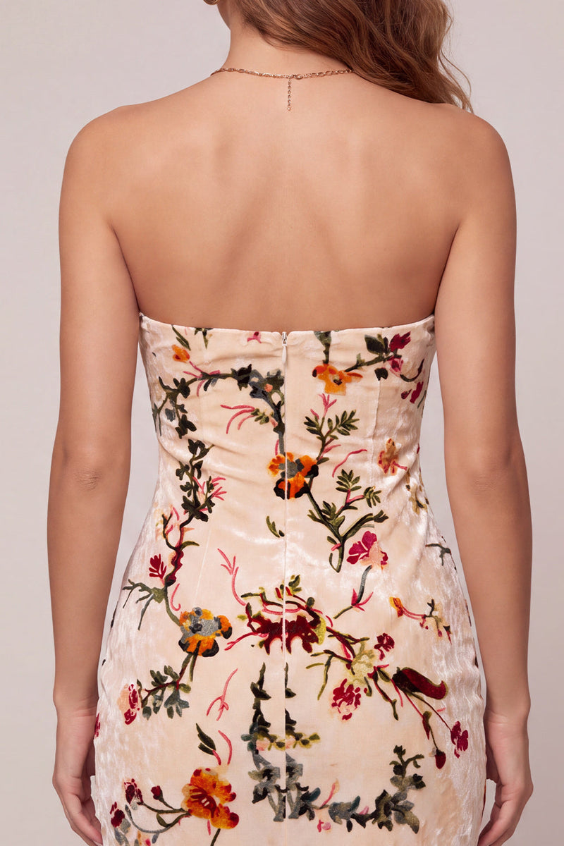 Load image into Gallery viewer, Floral Champagne Tight Velvet Short Cocktail Dress with Keyhole