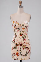 Load image into Gallery viewer, Floral Champagne Tight Velvet Short Cocktail Dress with Keyhole