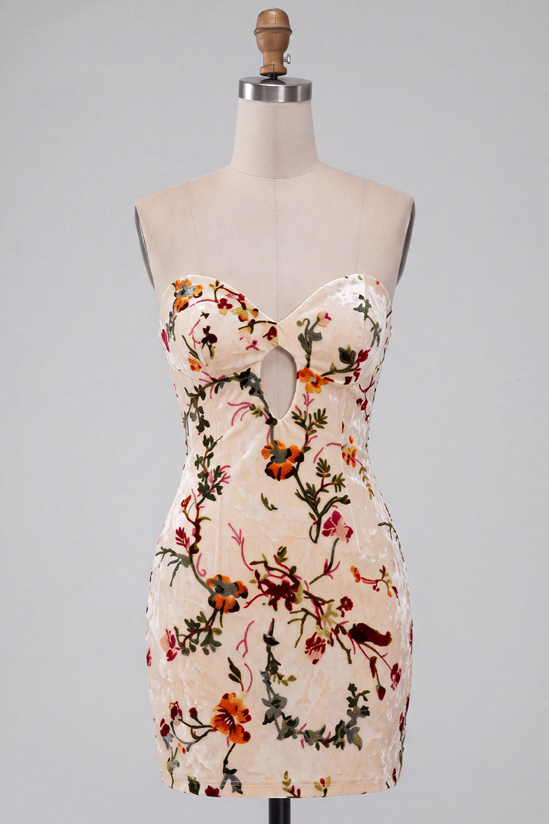 Load image into Gallery viewer, Floral Champagne Tight Velvet Short Cocktail Dress with Keyhole