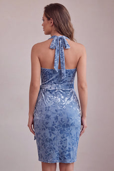 Slate Blue Floral Velvet Tight Halter Short Cocktail Dress with Bow