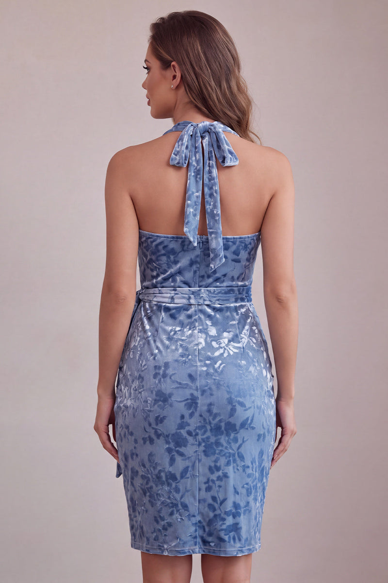 Load image into Gallery viewer, Slate Blue Floral Velvet Tight Halter Short Cocktail Dress with Bow