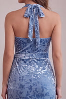 Load image into Gallery viewer, Slate Blue Floral Velvet Tight Halter Short Cocktail Dress with Bow
