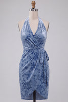 Load image into Gallery viewer, Slate Blue Floral Velvet Tight Halter Short Cocktail Dress with Bow