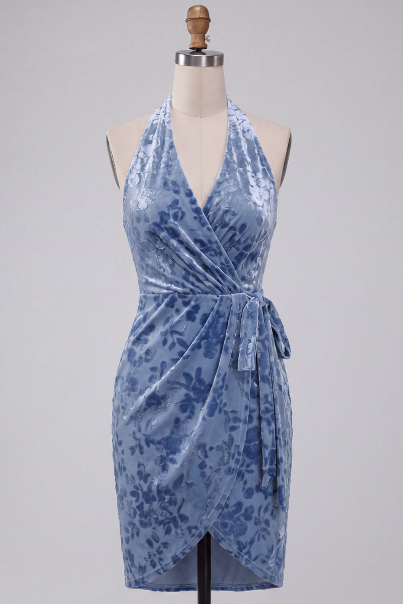 Load image into Gallery viewer, Slate Blue Floral Velvet Tight Halter Short Cocktail Dress with Bow