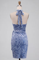 Load image into Gallery viewer, Slate Blue Floral Velvet Tight Halter Short Cocktail Dress with Bow