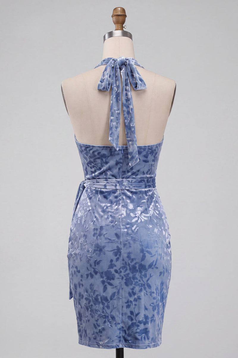 Load image into Gallery viewer, Slate Blue Floral Velvet Tight Halter Short Cocktail Dress with Bow