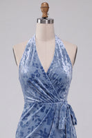 Load image into Gallery viewer, Slate Blue Floral Velvet Tight Halter Short Cocktail Dress with Bow