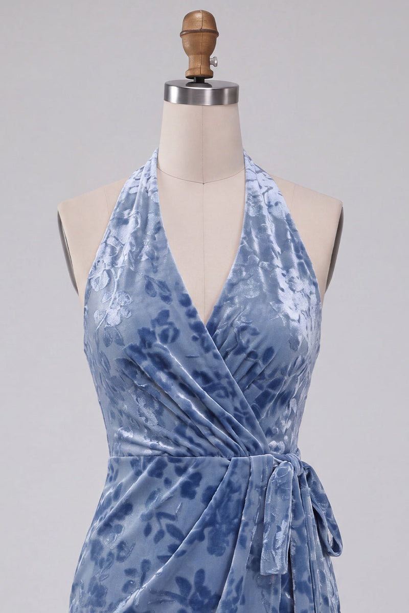 Load image into Gallery viewer, Slate Blue Floral Velvet Tight Halter Short Cocktail Dress with Bow