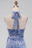 Load image into Gallery viewer, Slate Blue Floral Velvet Tight Halter Short Cocktail Dress with Bow
