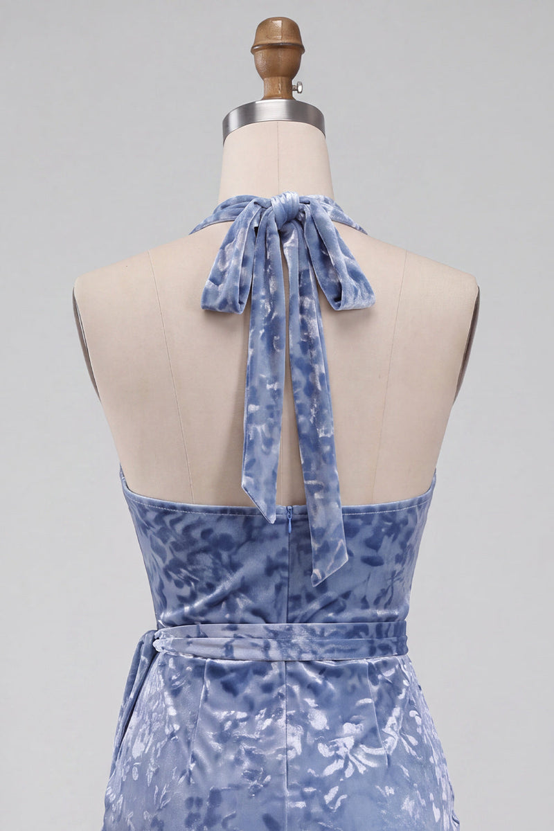 Load image into Gallery viewer, Slate Blue Floral Velvet Tight Halter Short Cocktail Dress with Bow