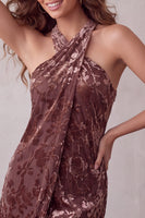 Load image into Gallery viewer, Khaki Floral Velvet Halter A Line Mini Cocktail Dress