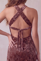 Load image into Gallery viewer, Khaki Floral Velvet Halter A Line Mini Cocktail Dress