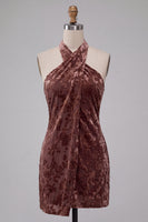 Load image into Gallery viewer, Khaki Floral Velvet Halter A Line Mini Cocktail Dress