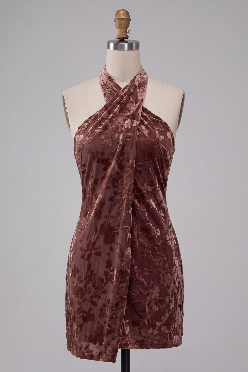 Load image into Gallery viewer, Khaki Floral Velvet Halter A Line Mini Cocktail Dress